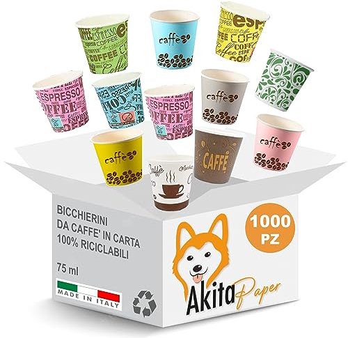 AKITAInk 1000 Pz Bicchieri Caffe Carta Biodegradabili Biocompostabili Tazzine 75 ml Made in Italy 100% Top Qualità