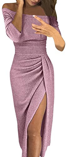 CreoQIJI Abito da sera da donna, elegante, con maniche a 3/4, plissettato, vestibilità aderente, sexy, affascinante, tinta unita, elegante, per matrimonio, ballo, tunica, Lilla, S