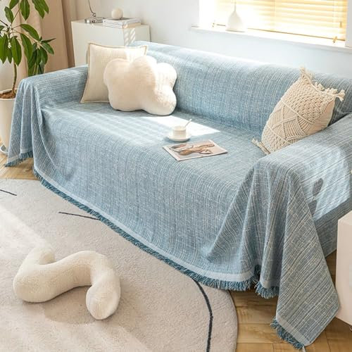 Ayoiow Bezug für Sofa Sofahusse Blau Sofa Überzug 4 Sitzer Baumwolle Leinen Einfarbig Mit Quasten