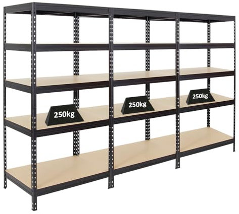 PROREGAL Mega Deal 3er-Set Schwerlastregal Rivet | HxBxT 180x90x60cm | Fachlast 250kg | Schwarz | Innovatives Stecksystem, Verzinkt, Garagenregal, Lagerregal, Kellerregal