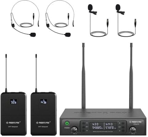 Phenyx Pro Sistema microfono wireless UHF doppio, scansione automatica con 2x100 frequenze, 2 bodypack e archetto/da bavero, microfono per cantare, chiesa, DJ (PTU-71-2B)