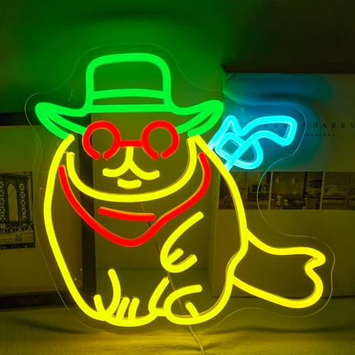 Ineonlife Cowboy Cat Neon Light Sign for Wall Decor, Western Cowboy Hat Neon Sign, Dimmable Cat Led Light up Signs 5V/2A USB Connectivity for Man Cave Party Bedroom Birthday Game Kids Boys Room Gifts