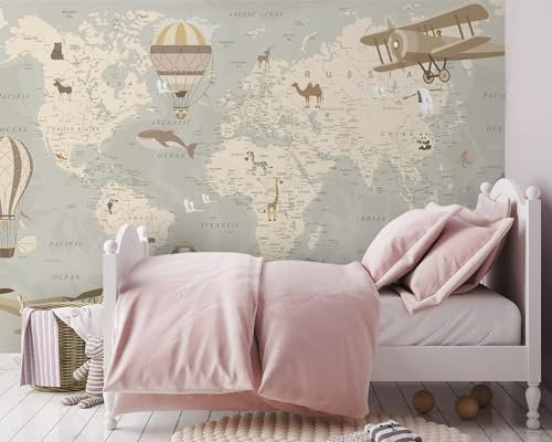 Naturempress Papel Pintado Pared 3D Papel Tapiz Vintage Cartoon Animales Mapa Del Mundo Fotomurales 3D Tv Fondo Pared Dormitorio Murales Papel Tapiz Moderno
