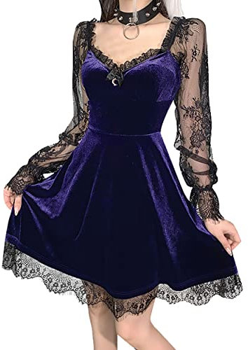 XKBHYD Robe gothique en velours à manches longues pour femme - Robe de sorcière vintage - Robe de fée Lune Lolita en dentelle - Robe punk grunge, 01-violet., M