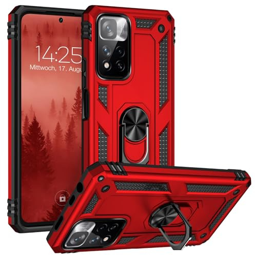 LBH Outdoor Hülle für Xiaomi Redmi Note 11 Pro Armor Militär Stoßfest Handyhülle 360 Grad Metal Ring Halter Ständer Schutzhülle für Handyhalterung Auto Magnet Rot