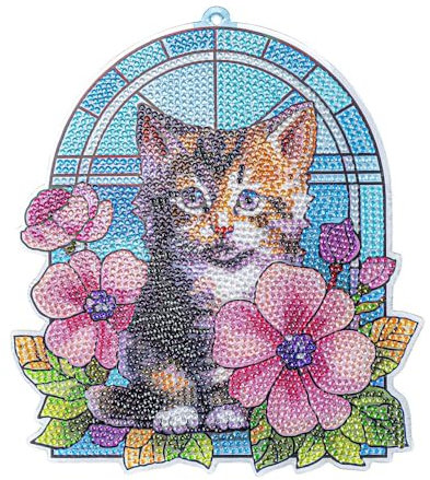 Ideen mit Herz Diamond-Painting-Fensterbild | Glaskunst-Optik | Dekoration & DIY | Material: PET (Katze mit Blumen)