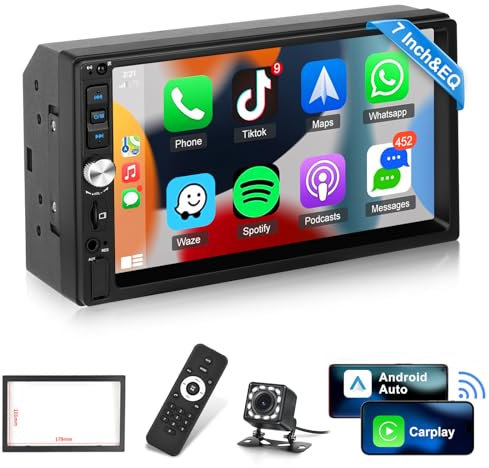 Radio 2 DIN con por Cable Carplay y Android Auto - Pantalla 2 DIN con Pantalla Táctil de 7 Pulgadas con Enlace Espejo, Radio FM, Entrada USB/AUX/SD, Control del Volante + Cámara de Marcha Atrás