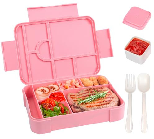 Criveple Brotdose Kinder mit Fächern, 1330ml Brotdose für Kinder/Erwachsene, Lunchbox Schule, Mikrowelle/Spülmaschinenfest, Auslaufsichere Brotdose mit Löffel Gabel Salat Soßen Box (Rosa)