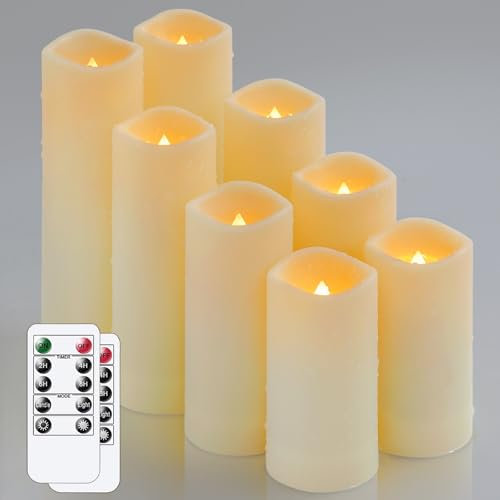 Yeelida Waterproof 8pcs Flameless 5.5cm x10 10 12.5 12.5 15 15 17.5 17.5cm LED Candles with 2 Remotes & Daily Timer, Battery Operated Ivory Plastic Long Lasting Pillar Candles for Outdoor Use