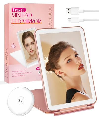 Coyonce Rechargeable 1200mAh Travel Mirror with 72 Led Lights, 3 Color Lighting, Dimmable Touch Screen, Portable 1X Vanity Mirror with 3X Magnifying Mirror, Tabletop LED Folding Cosmetic Mirror(Pink)