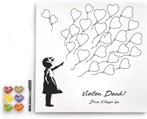 codiarts. personalisierte Leinwand für Fingerabdrücke | Party | Hochzeit | Jubiläum | Geburtstag | als Gästebuch mit Stempelkissen und Stift (Banksy Girl Ballons, 50 x 50 cm, Bespannte Leinwand)