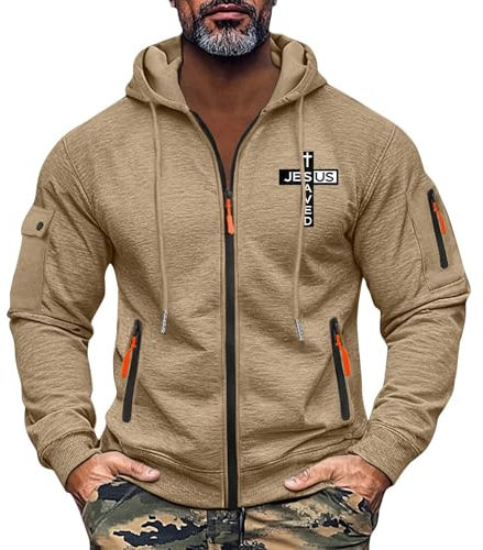 Herren Sweatjacke Hooded mit Reissverschluss Zip Kapuzenjacke Stilvolle Cardigan Herrenjacke Langarm Übergangsjacke Dünne Sportjacke mit Taschen Herbst Winterjacke Hoodie Mantel Coat(Camel,3XL)