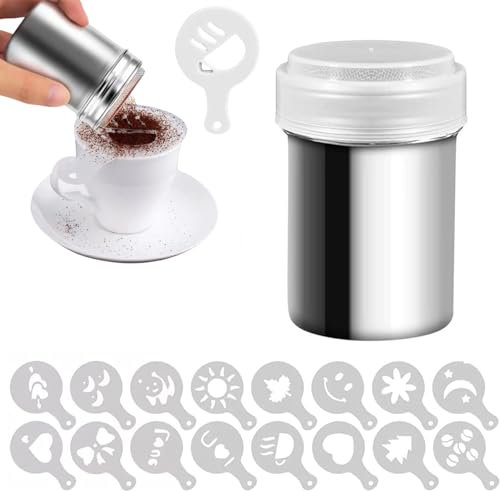 Flycppo 1 Stück Schokoladenstreuer mit Kaffeeschablonen-Set (16 Stück),Edelstahl Kakaostreuer,Puderzuckerstreuer,Cappuccino Schablonen für Kakao,Kaffee,Zucker,Salz,Mehl