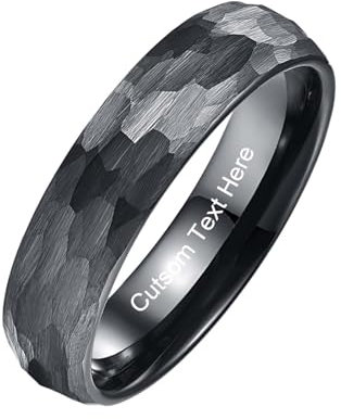 Vakki Personalisiert Schwarzer Herren Damen Ringe 6mm Hammerschlag Wolfram Ring Schwarz Gehämmerter Ehering mit Eingraviertem für Männer Frauen Größe 62(19.7)