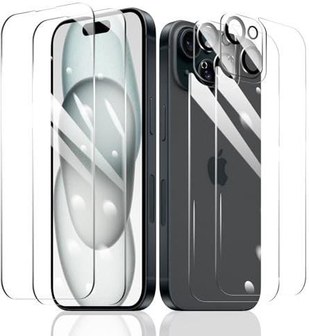 Fylnatc [2+2+2] Schutzfolie für iPhone 15 Plus + Kameraschutz + Rückseite Schutzfolie mit einfachem Befestigungswerkzeug, Panzer Schutz Glas, gehärtetem Glas