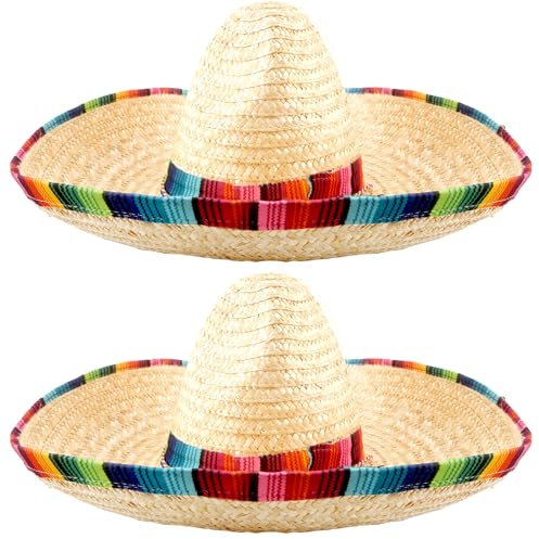 Haconba 2 Pieces Large Straw Mexican Sombrero Hat Wide Brim Straw Hat with Serape Trim and Chin Strap for Adult Teens Halloween Cinco de Mayo Fiesta Mexican Party Dress Up Accessories