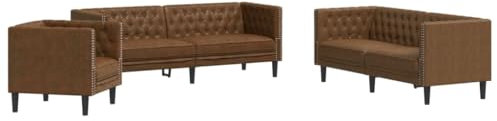 vidaXL Chesterfield Sofa Set 3-TLG., Sofagarnitur mit Kissen, Sitzgruppe für Wohnzimmer, Polstersofa Couch Sessel, Braun Kunstleder Wildleder-Optik