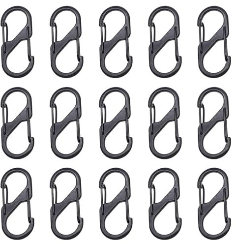 EUZUXU 15pcs Small Carabiner Keyring Clip, 30MM S Ring Locking Carabiner Double Clip Hook for Outdoor Hiking Fishing Camping(Black)