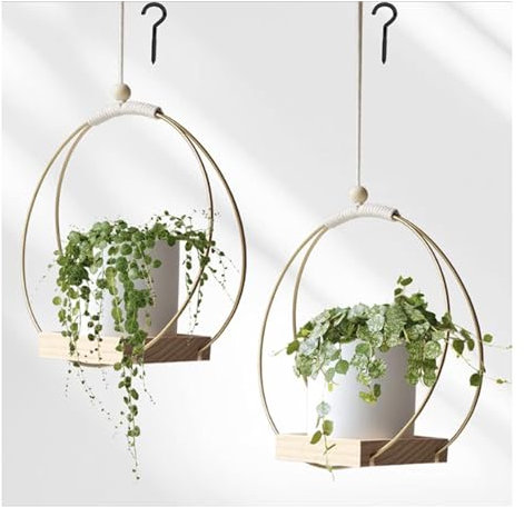 2 pcs Blumenampel Hängend Innen - Metall Blumenampel Schwarz, Hängeampel Mit Holzsockel, Decke Hängende Pflanzer, Hängetopf Für Pflanzen Für Zimmerpflanzen Sukkulenten Luftpflanzen Kaktus