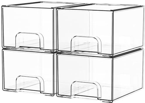Yieach 2 Pack Clear Stackable Storage Drawers,4.4'' Tall Acrylic Drawer Containers for Organizing,Bathroom Organizers and Storage Bin Box,Plastic Makeup,Medicine Organizer Bins for Cabinet,Undersink