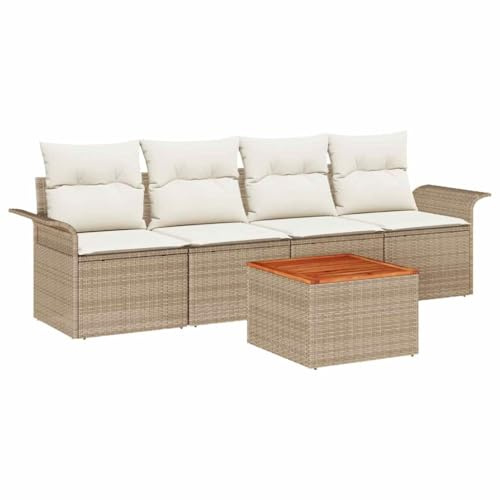 vidaXL 5-teiliges Gartensofa-Set mit Kissen in Beige aus Poly Rattan – strapazierfähige Gartenmöbel, modernes Lounge-Set für die Terrasse, ideal für den Sommer.
