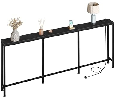 CHOEZON 200 cm Narrow Console Table with Power Outlet, 18 cm Skinny Sofa Table, Long Behind Couch Table with Charging Station, for Entryway, Black DTXG20KBB