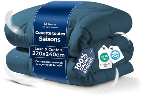 UNIKOME Edredón de Plumas y Plumón Cama 80, 100% Algodón, Relleno Nórdico Plumón para 4 Estaciones, Diseño con Pliegue Pinzado, Certificado Oeko-Tex (Marina, 220x240cm)