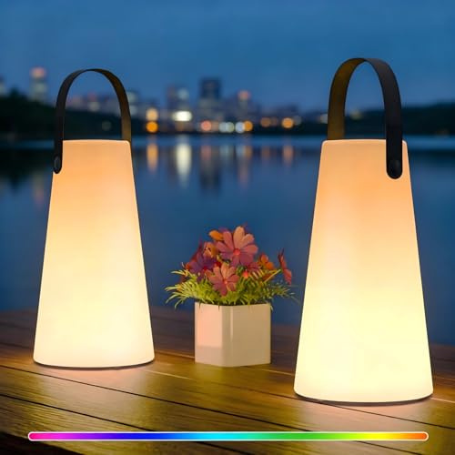FUYO 2er Set Outdoor Lampe, Dimmbare LED Akku Tischleuchte mit warmweiß 8 Farben und Fernbedienung, Kabellose Tischlampe für Aussen Garten Schlafzimmer Camping BBQ