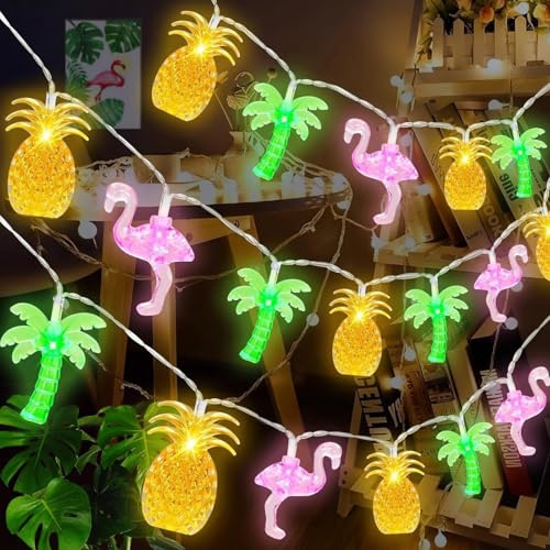 AURIVEE Lichterkette Hawaii Sommer Lichterketten, 20 LED Hawaii Lichterkette 3 Meter,Tropische Lichterketten mit Ananas Flamingo Palmen Motiv für Innen Außen, Sommer Party Strand Deko