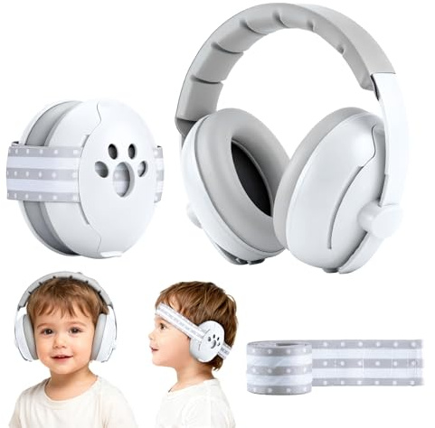 Aischens 2-in-1 Gehörschutz Baby Kopfhörer, mit Geräuschunterdrückung und Verstellbares Kopfband, Gehörschutz Baby Kopfhörer Lärmschutz, Ohrenschützer Lärmschutz für Neugeborene (Grau & Weiß)