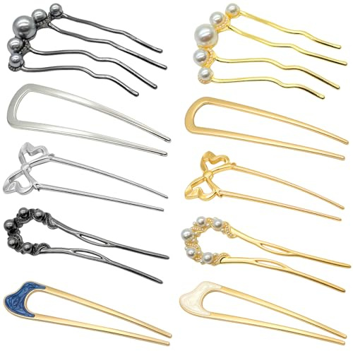 10 Stück dekorative französische Haarnadeln für Frauen, U-förmiges Metall | Elegante Perlen-Haar-Accessoires, Haarstylingnadeln für French Twists, Dutts & Hochsteckfrisuren, sicherer Halt, gewelltes