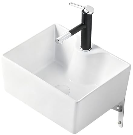 Waschbecken für Badezimmer, Kleines Wandmontiertes Waschbecken, Modernes Rechteckiges Weißes Keramik-Aufsatzwaschbecken mit Hahnloch für Kompakte Räume(XXL)