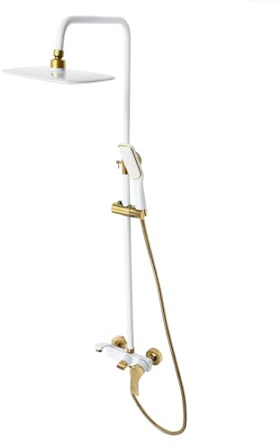 Brausegarnitur, Regendusche, Duschsystem inklusive Handbrause höhenverstellbar, Edelstahl und Messing, warm/kalt für Bäder Wohnungen Hotels Restaurants & Indoor-Einsatz (Weiß, Gold)