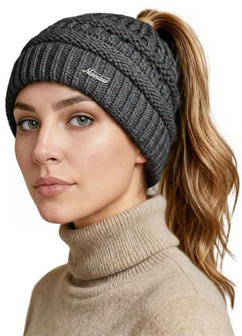 Neverless® Damen Strickmütze Mütze Zopfloch Grobstrick Ungefüttert Wintermütze Langhaar Frauen