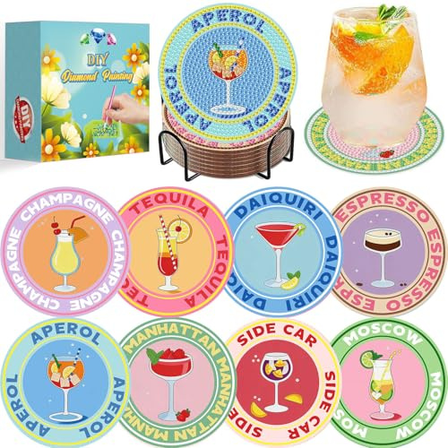 8 Stück Cocktail Diamond Painting Untersetzer Mit Halter Tassenuntersetzer | Cocktail Diamant Painting Coasters with Gift Box, 5D DIY Untersetzer rutschfest für Anfänger, Erwachsene & Kinder
