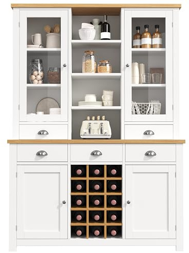 DRIXNO Hochschrank, Mehrzweckschrank mit Kippschutz, Küchenschrank mit Glastür, Metallgriffen, Soft Close Funktion, Standschrank für Wohnzimmer, Herausnehmbares Weinregal, 120x40x185 cm, Weiß