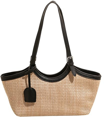 StaZamor Sac fourre-Tout en Paille spacieux pour Femmes, Sac à Main tissé léger avec poignées en Cuir PU, à Main de Plage d'été, bandoulière de Voyage décontracté