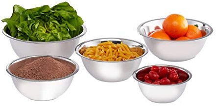 Relaxdays, Acero Inoxidable Set de Cinco Boles de Mezclar, Cuencos para la Cocina, Ensaladera, Plateado