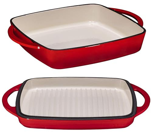 Bruntmor 2-in-1 Square Enameled Cast Iron Dutch Oven Baking Pan and Gridle Lid with Dual Handles, Cast Iron Skillet lid, Coating Gridle for Baking, Bacon,Steaks - Red