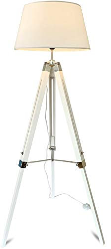 mojoliving® Stehlampe für das Wohnzimmer Schlafzimmer mit Stativ aus Holz - Deko Stehleuchte Tripod Lampe Leselampe Dreifuss Schirm Weiss, Stativ Weiss