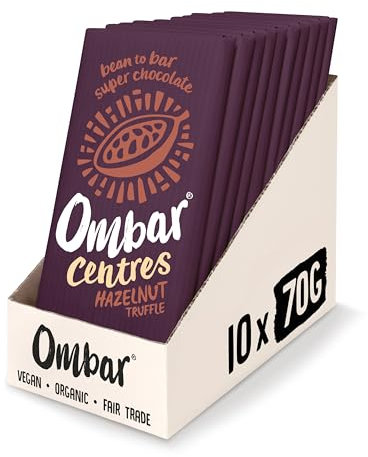 Vegan Chocolate - Ombar Centres Hazelnut Truffle (70g x 10 Bars) Organic Fair Trade, Dairy and Gluten Free Chocolate