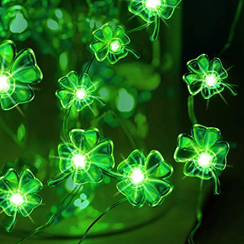 Hiboom St. Patrick's Day Lichterkette Vierblättrig Kleeblatt Lichterkette Kleeblatt Irisch Fee LED Licht 10 Feet 40 Grüne LEDs Batteriebetrieben mit 8 Blinkend Modi zum St. Patrick's Day Party