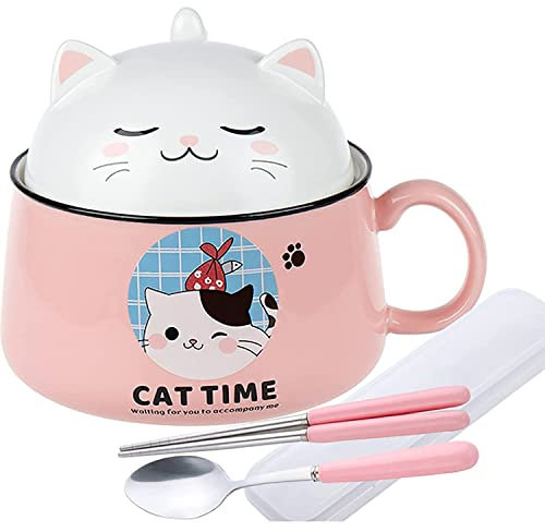 Ceramic Instant Noodle Bowl with Lid, Handle & Spoon, 1020mL Large Soup Bowl, Porcelain, Udon Pasta Salad, Dishwasher & Microwave Safe