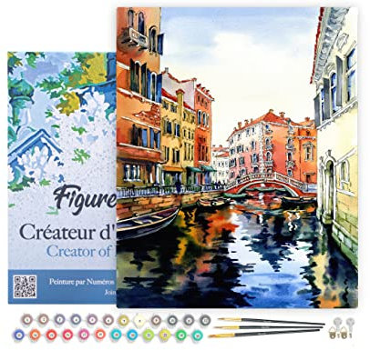 Figured'Art Peinture par Numéro Adulte avec Cadre Aquarelle de Venise - Activité Manuelle Kit de Loisir Créatif DIY Numéro d'Art Complet - 40x50cm toile tendue sur châssis