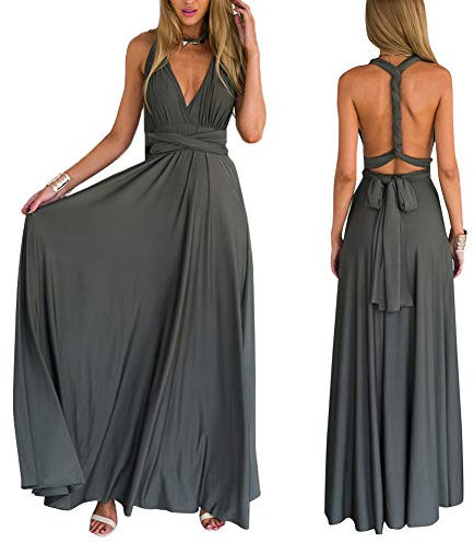 Abendkleid Lang Damen Elegant Rückenfreies Multiway Bandage Wickelkleid Festlich Hochzeitskleid Brautkleid Brautjungfernkleider Cocktailkleid Weihnachten Silvester Partykleid Ballkleid Dunkelgrau S