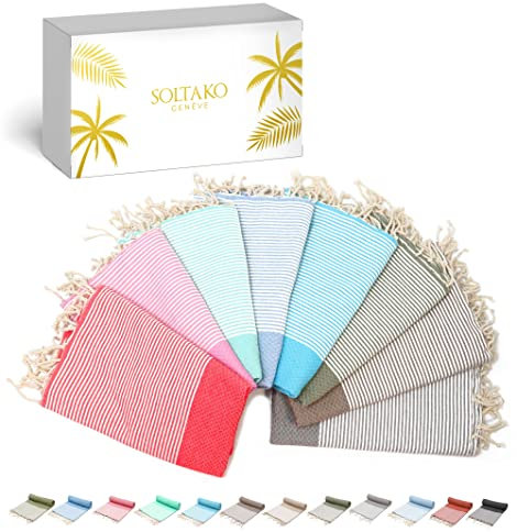 SOLTAKO XXL 8X Fouta Strandtuch Saunatuch Badetuch Hamamtuch Pestemal Damen Herren Geschenkset groß, 100 x 200 cm (Farben: Hellblau-Mint-Koralle-Kirschblütenrosa-Khaki-Aqua-Taupe-Pastellgrau)