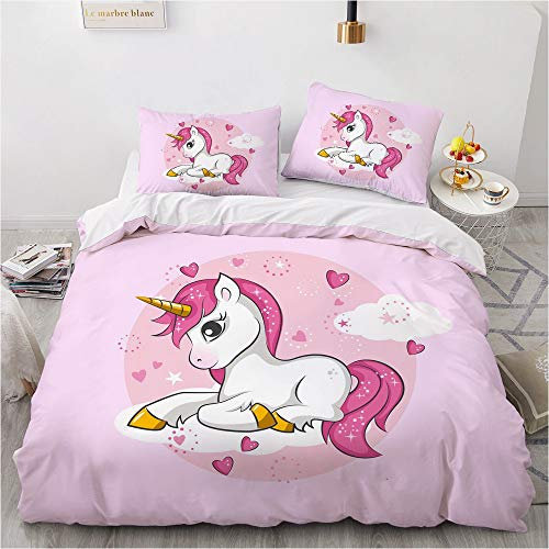 TULTOAP Bettwäsche Einhorn 135 x 200cm Rosa Mädchen Bettwäsche Set Süßer Cartoon Regenbogen Einhorn Motiv Bettbezug mit Kissenbezug (C, 135 x 200 cm)