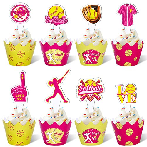 48 Stück Geburtstags-Cupcake-Topper und Förmchen Cupcake-Dekoration für Sport-Motto-Geburtstagsparty (Softball-Stil)