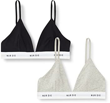 Nur Die 2er Pack Soft BH sportlich ohne Bügel bügelloser BH Triangel Bra Bustier Baumwolle Damen, Graumelange/schwarz, M