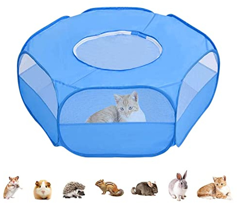 Hileyu Kleintier-Laufstall Kleines Haustier-Käfig-Zelt mit Reißverschluss-Abdeckung Faltbarer Indoor-Outdoor-Übungs-tragbarer Hofzaun für Hamster, Kaninchen, Häschen, Eichhörnchen, Welpen Blue